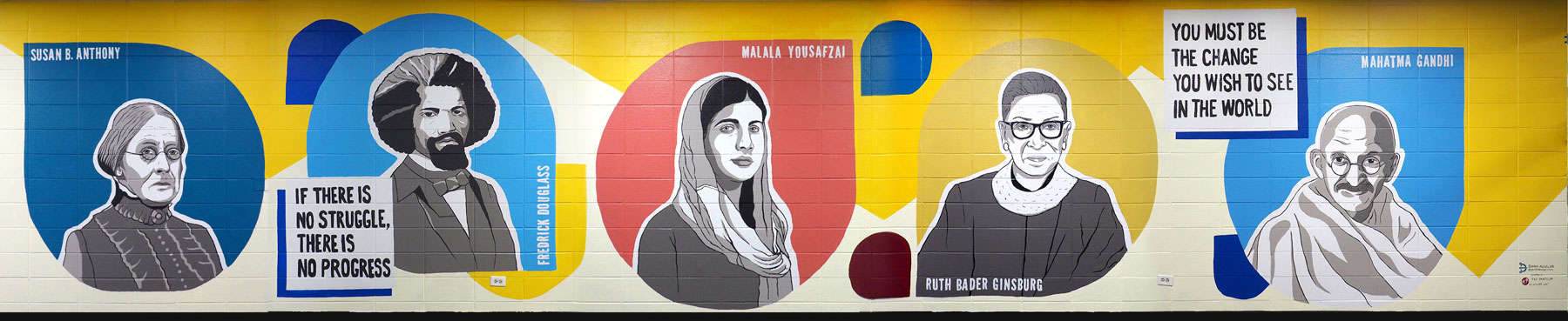 Diversity Mural Wall 1: Susan B. Anthony, Fredrick Douglass, Malala Yousafzai, Ruth Bader Ginsburg, Mahatma Gandhi